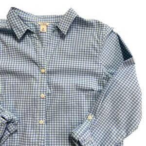 L.L.Bean Button-Down Shirt Medium Blue‎ Green Gingham Long Sleeve Side Zip